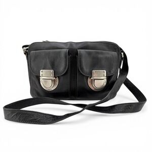 Fossil Riley Genuine Leather Black & Silver Push Lock Crossbody Shoulder Bag